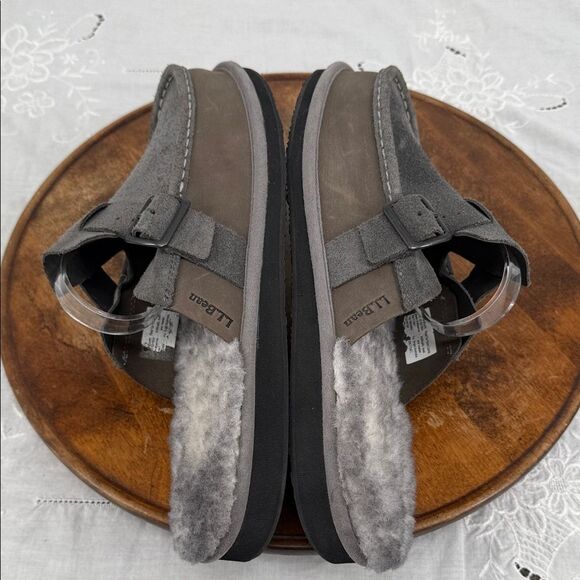 LL Bean Shoes Mens 13 M Gray Leather Lamb Fur Wicked Good Slipper Scuffs